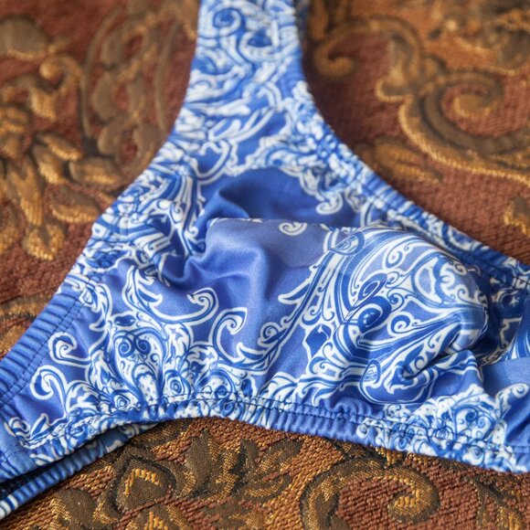 Mens Blue White Design Print Thin Sides Thong Handmade - Picture 5 of 7